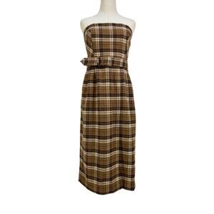 By Anthropologie Strapless Belted Midi Dress Brown Plaid